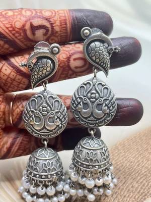 Long silver jhumka jhumki peacock pearl drop earrings oxidized german silver jewelry gifts for her partywear 4