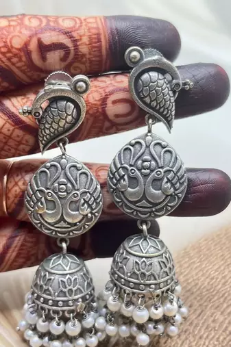 Long silver jhumka jhumki peacock pearl drop earrings oxidized german silver jewelry gifts for her partywear