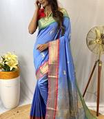 Sky Soft Silk bland banarasi style border saree with Blouse