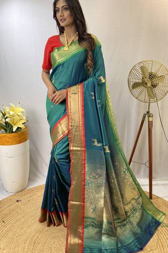 Rama Soft Silk bland banarasi style border saree with Blouse
