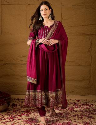 women maroon silk blend foil print embroidered anarkali kurta churidar with dupatta 1