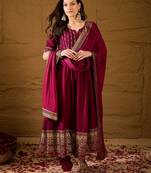 women maroon silk blend foil print embroidered anarkali kurta churidar with dupatta