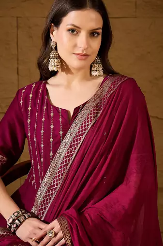 women maroon silk blend foil print embroidered anarkali kurta churidar with dupatta