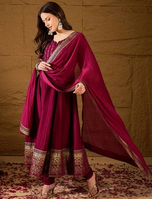 women maroon silk blend foil print embroidered anarkali kurta churidar with dupatta 3