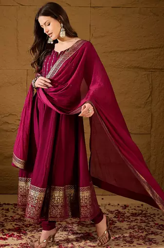 women maroon silk blend foil print embroidered anarkali kurta churidar with dupatta
