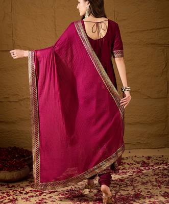 women maroon silk blend foil print embroidered anarkali kurta churidar with dupatta 4