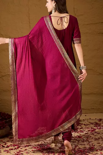 women maroon silk blend foil print embroidered anarkali kurta churidar with dupatta