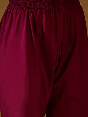 women maroon silk blend foil print embroidered anarkali kurta churidar with dupatta 5