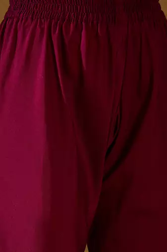 women maroon silk blend foil print embroidered anarkali kurta churidar with dupatta