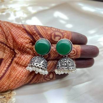 Limited edition big green traditional jhumka earring elegant unique indian & pakistani jewelry handmade silver jhumki 2