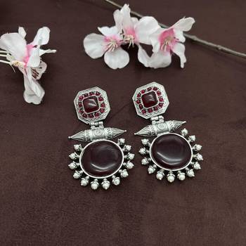 Dainty red long oxidised artificial stone earrings indian designer silver look alike traditional wedding partywear 4