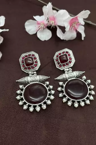 Dainty red long oxidised artificial stone earrings indian designer silver look alike traditional wedding partywear