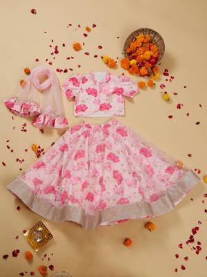 Saka designs lotus print with secquince lehenga choli with dupatta for girls - pink 1