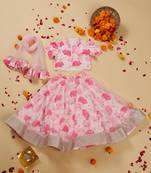 Saka designs lotus print with secquince lehenga choli with dupatta for girls - pink