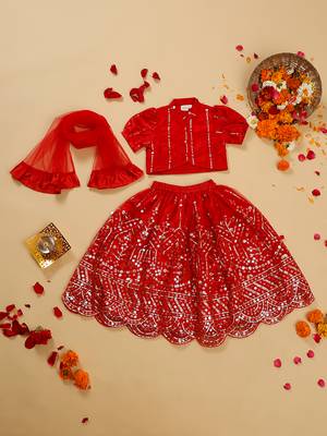 Saka designs heavy embroidery and mirror work red lehanga choli with dupatta 1