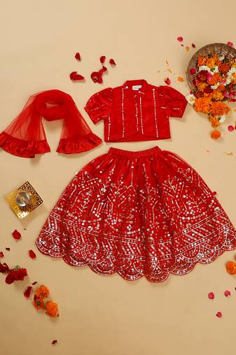 Saka designs heavy embroidery and mirror work red lehanga choli with dupatta