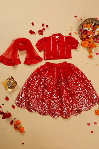 Saka designs heavy embroidery and mirror work red lehanga choli with dupatta