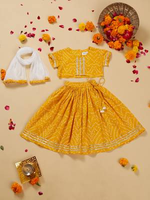 Saka designs girl's cotton printed round neck lehenga choli with dupatta - yellow 1