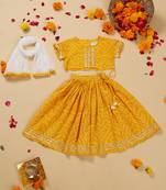 Saka designs girl's cotton printed round neck lehenga choli with dupatta - yellow