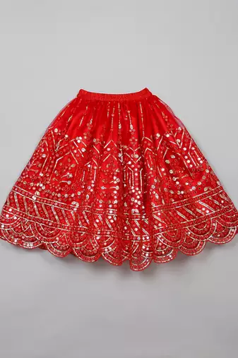 Saka designs heavy embroidery and mirror work red lehanga choli with dupatta