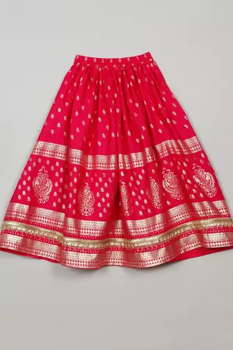 Saka designs golden foil printed rayon magenta lehenga choli with dupatta