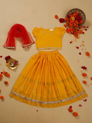 Saka designs golden foil printed rayon yellow lehenga choli with dupatta 1