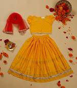 Saka designs golden foil printed rayon yellow lehenga choli with dupatta