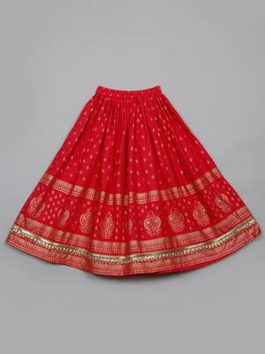 Saka designs golden foil printed rayon dark peach lehenga choli with dupatta 5