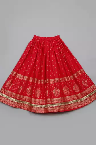 Saka designs golden foil printed rayon dark peach lehenga choli with dupatta