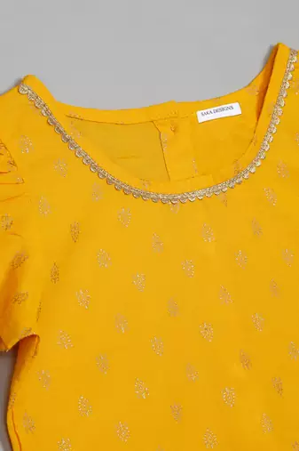 Saka designs golden foil printed rayon yellow lehenga choli with dupatta