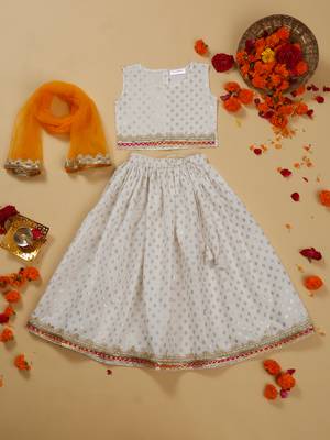 Saka designs foil printed lehenga choli with dupatta for girl's - white 1