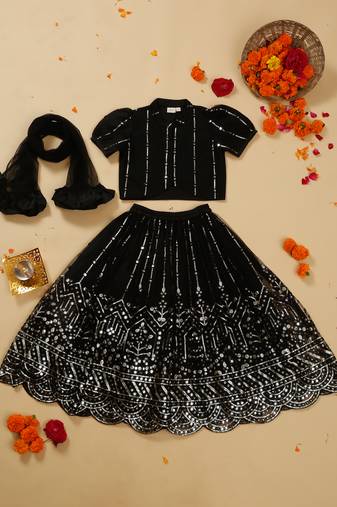 Saka designs heavy embroidery and mirror work black lehanga choli with dupatta