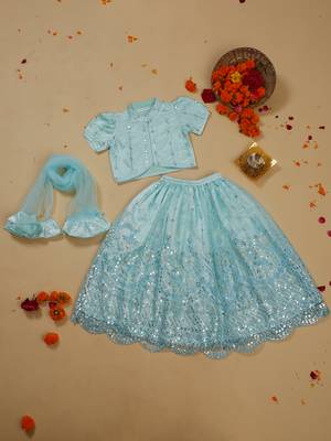 Saka designs heavy embroidery and mirror work sky blue lehanga choli with dupatta 1