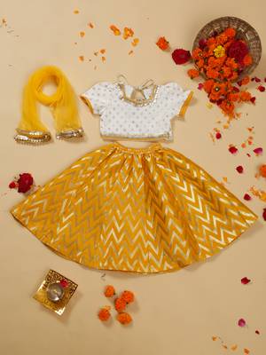 Saka designs girls foil printed lacework white choli with mustard lehenga choli 1