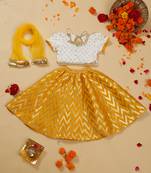 Saka designs girls foil printed lacework white choli with mustard lehenga choli