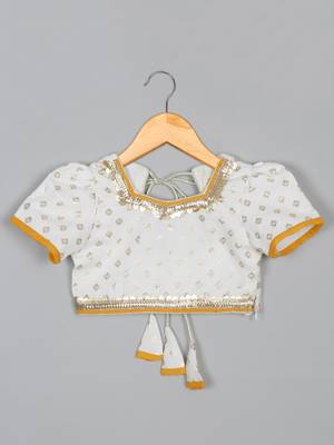 Saka designs girls foil printed lacework white choli with mustard lehenga choli 2