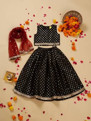 Saka designs foil printed lehenga choli with dupatta for girl's - black 1