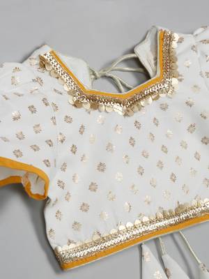 Saka designs girls foil printed lacework white choli with mustard lehenga choli 3