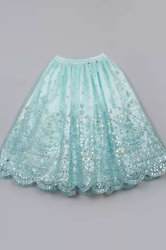 Saka designs heavy embroidery and mirror work sky blue lehanga choli with dupatta