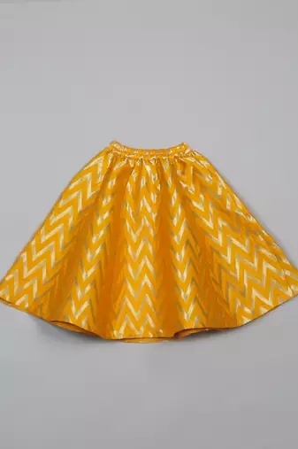 Saka designs girls foil printed lacework white choli with mustard lehenga choli
