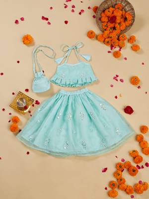 Saka designs emberoidered lehenga choli with potli bag for girls - blue 1