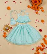 Saka designs emberoidered lehenga choli with potli bag for girls - blue