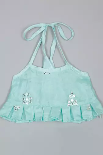 Saka designs emberoidered lehenga choli with potli bag for girls - blue