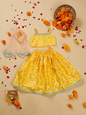 Saka designs square neck foil printed lehenga choli with dupatta for girl's - yellow 1