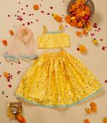 Saka designs square neck foil printed lehenga choli with dupatta for girl's - yellow
