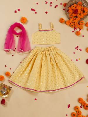 Saka designs square neck foil printed lehenga choli with dupatta for girl's - yellow 1