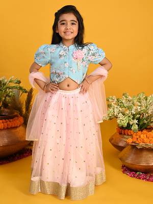 Saka designs girls floral printed lehenga choli with dupatta - blue & pink 1