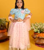 Saka designs girls floral printed lehenga choli with dupatta - blue & pink
