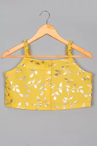 Saka designs square neck foil printed lehenga choli with dupatta for girl's - yellow
