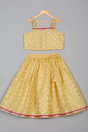 Saka designs square neck foil printed lehenga choli with dupatta for girl's - yellow